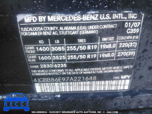 2007 Mercedes-benz ML 4JGBB86E97A221648 Bild 8
