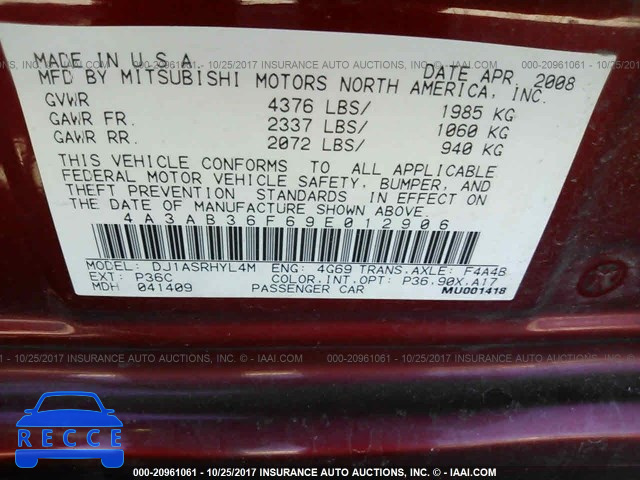 2009 Mitsubishi Galant ES 4A3AB36F69E012906 зображення 8