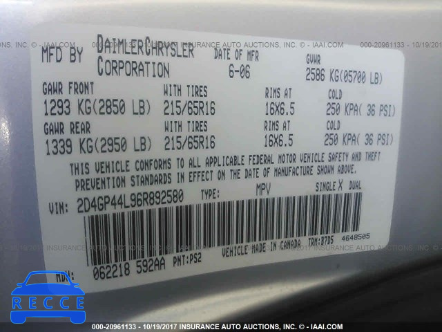 2006 Dodge Grand Caravan 2D4GP44L96R892580 image 8