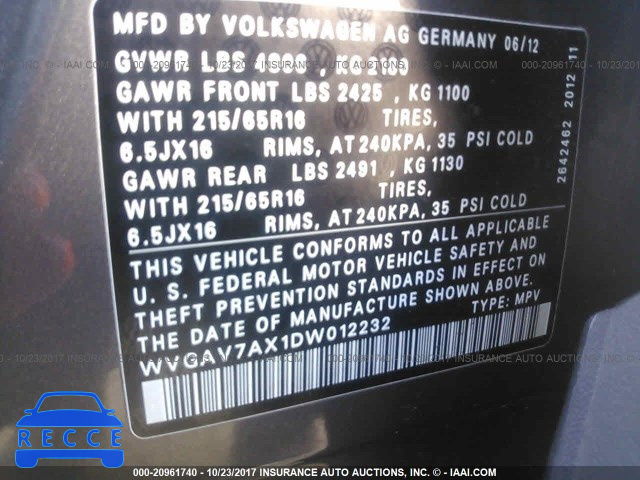2013 Volkswagen Tiguan S/SE/SEL WVGAV7AX1DW012232 image 8