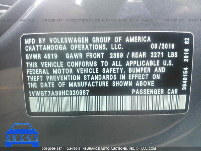 2017 VOLKSWAGEN PASSAT SE 1VWGT7A39HC020987 image 8