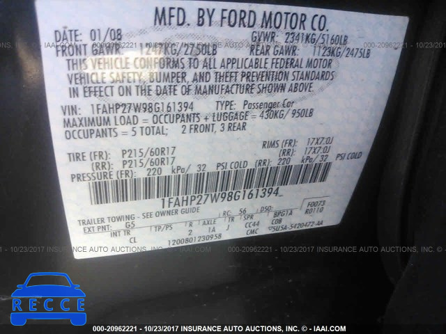 2008 FORD TAURUS 1FAHP27W98G161394 image 8