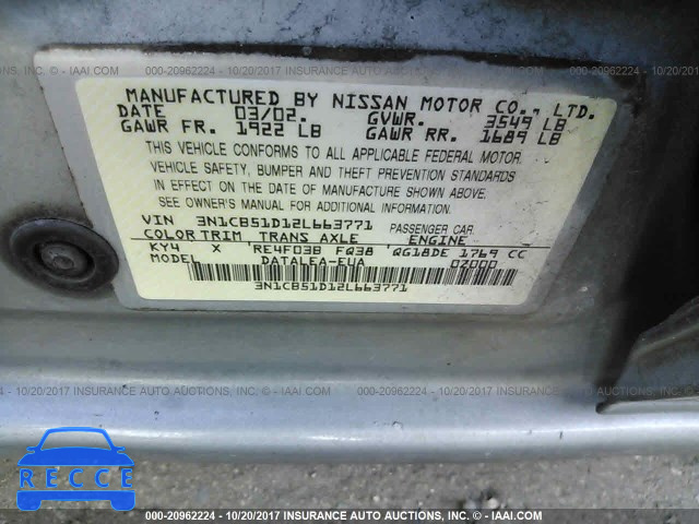 2002 Nissan Sentra XE/GXE 3N1CB51D12L663771 зображення 8