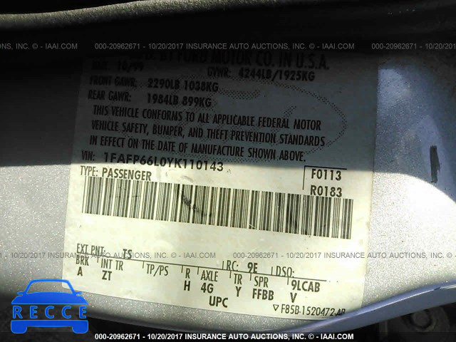 2000 Ford Contour SE/SE SPORT 1FAFP66L0YK110143 image 8