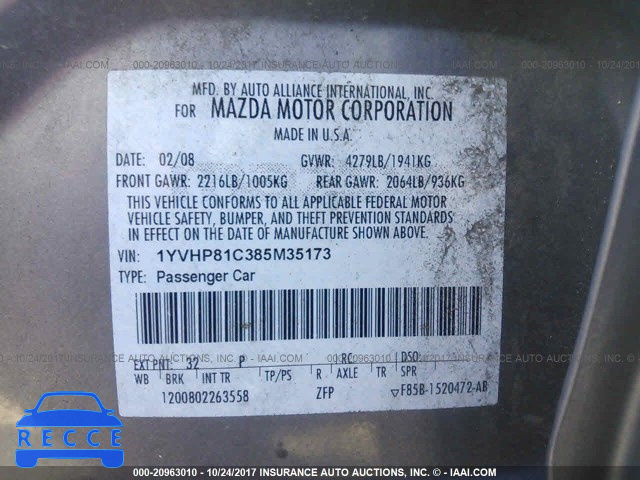 2008 Mazda 6 I 1YVHP81C385M35173 image 8