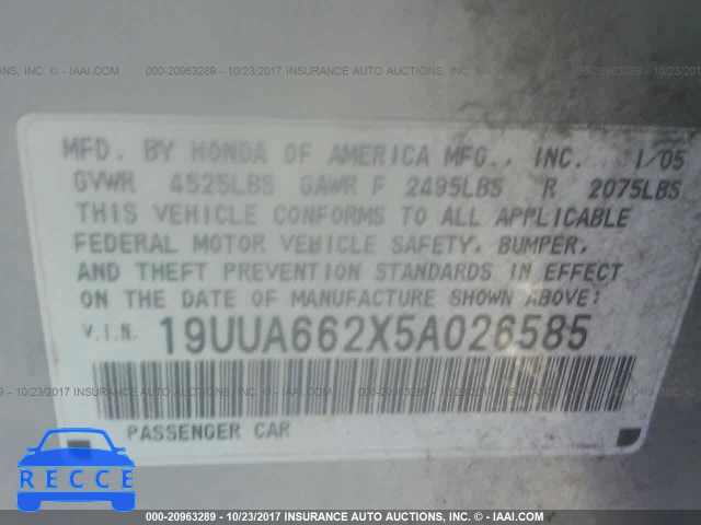 2005 Acura TL 19UUA662X5A026585 image 8
