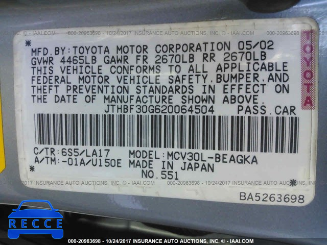 2002 Lexus ES 300 JTHBF30G620064504 image 8