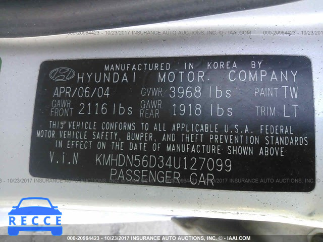 2004 Hyundai Elantra KMHDN56D34U127099 image 8