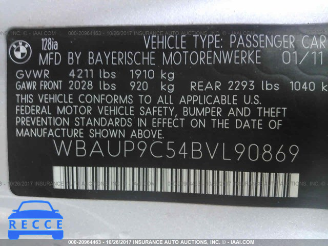 2011 BMW 128 WBAUP9C54BVL90869 зображення 8