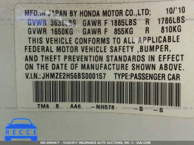 2011 Honda Insight LX JHMZE2H56BS000157 image 8