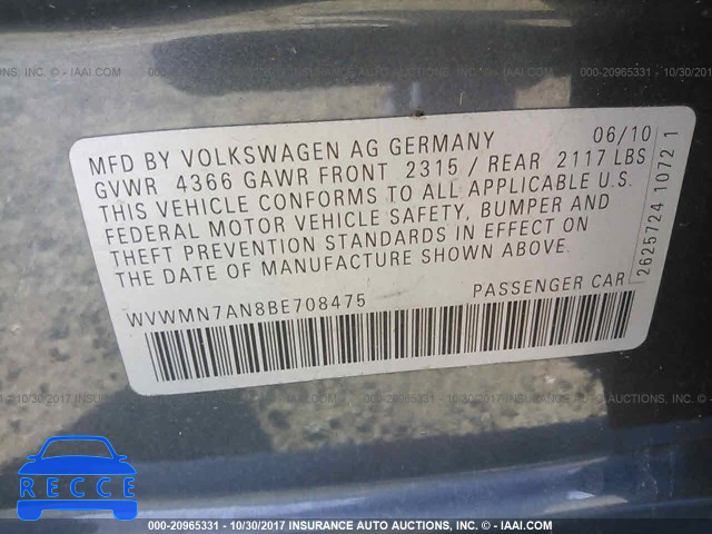 2011 Volkswagen CC SPORT WVWMN7AN8BE708475 image 8