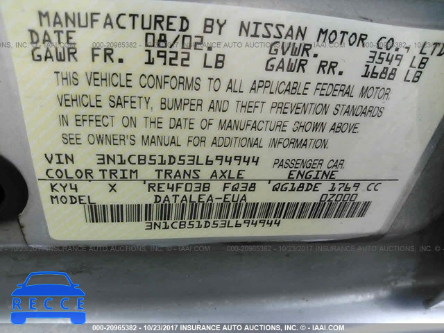 2003 Nissan Sentra 3N1CB51D53L694944 image 8