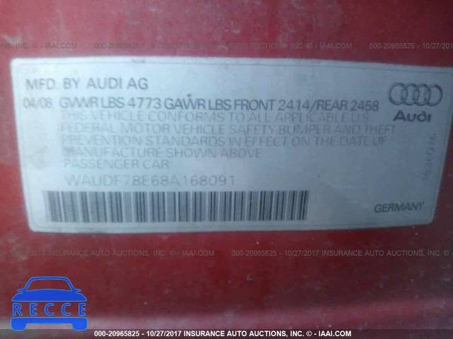 2008 Audi A4 2.0T QUATTRO WAUDF78E68A168091 зображення 8