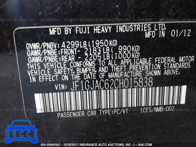 2012 Subaru Impreza JF1GJAC62CH015838 image 8