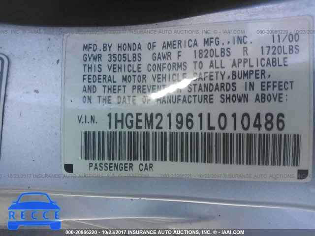 2001 Honda Civic SI/EX 1HGEM21961L010486 image 8