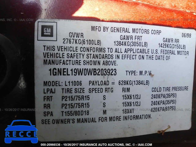 1998 Chevrolet Astro 1GNEL19W0WB203923 Bild 8
