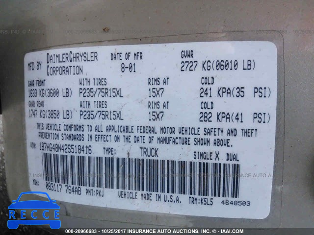 2002 Dodge Dakota 1B7HG48N42S518416 image 8