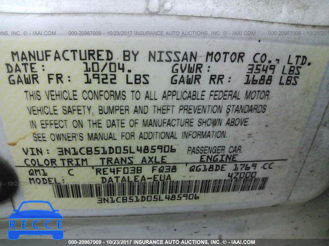 2005 Nissan Sentra 1.8/1.8S 3N1CB51D05L485906 image 8