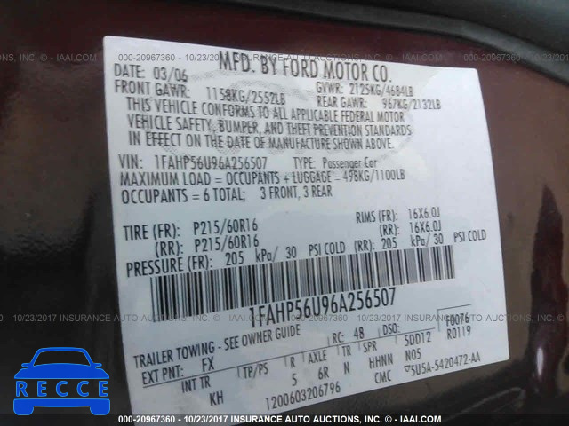 2006 Ford Taurus SEL 1FAHP56U96A256507 image 8