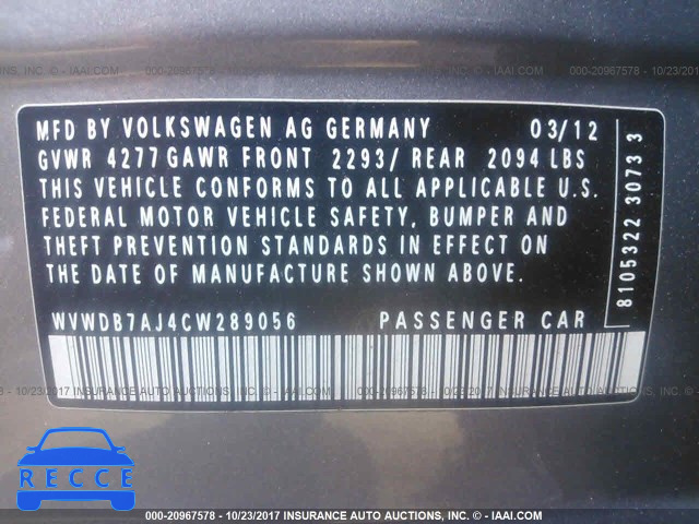 2012 Volkswagen Golf WVWDB7AJ4CW289056 зображення 8