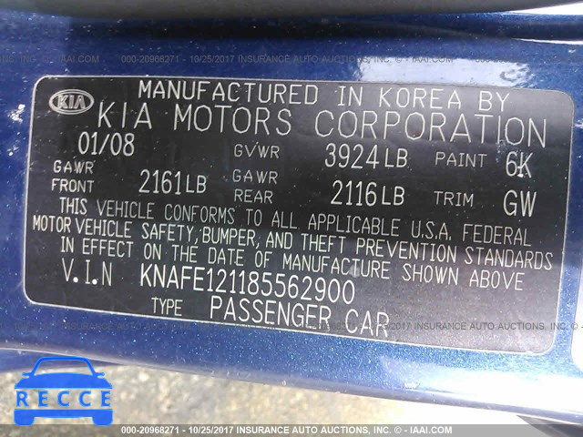 2008 KIA Spectra KNAFE121185562900 image 8