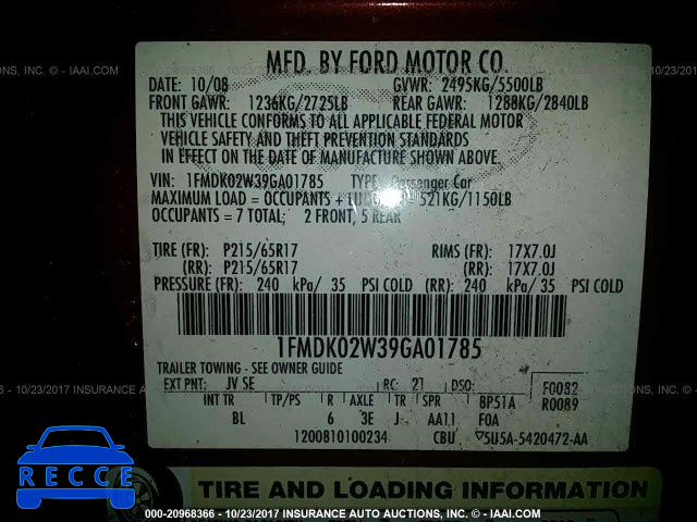 2009 Ford Taurus X SEL 1FMDK02W39GA01785 зображення 8