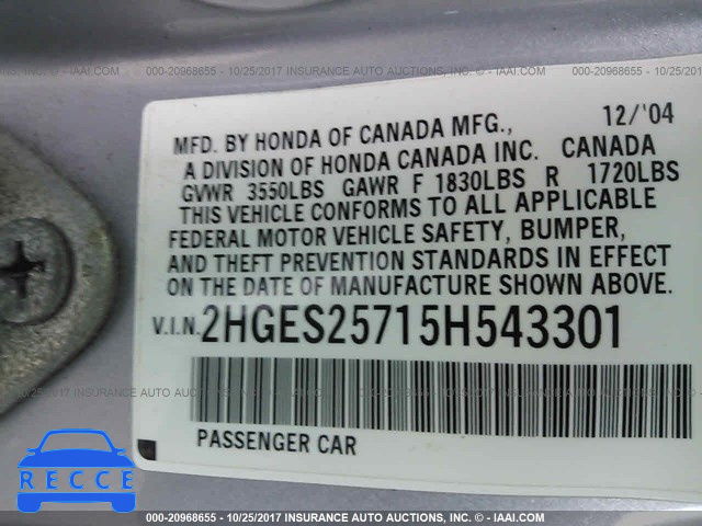 2005 Honda Civic 2HGES25715H543301 image 8