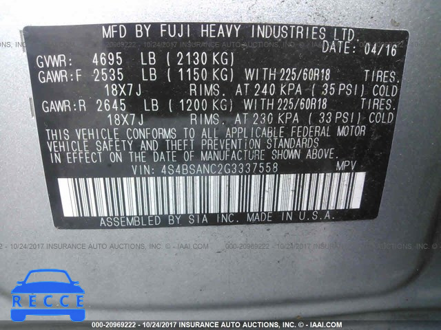 2016 Subaru Outback 2.5I LIMITED 4S4BSANC2G3337558 image 8