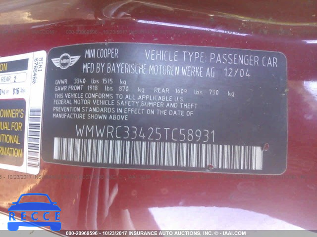 2005 MINI COOPER WMWRC33425TC58931 image 8