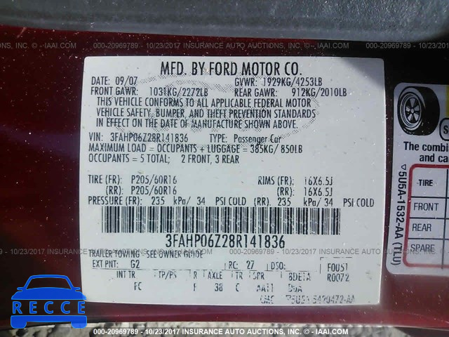 2008 Ford Fusion 3FAHP06Z28R141836 Bild 8
