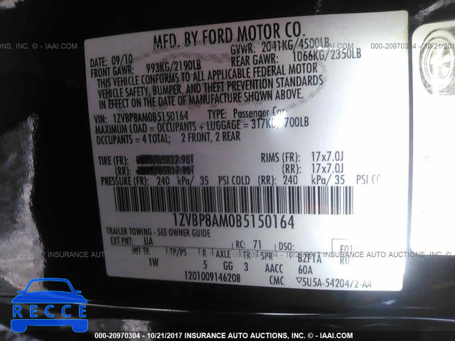 2011 Ford Mustang 1ZVBP8AM0B5150164 зображення 8