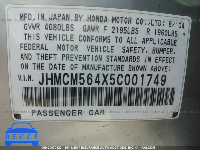 2005 Honda Accord LX JHMCM564X5C001749 зображення 8