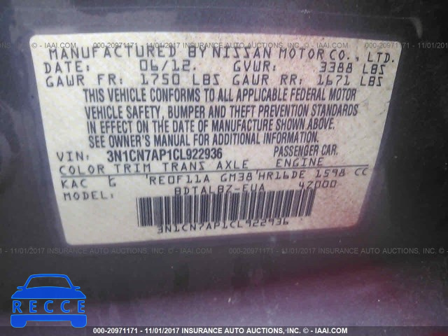 2012 Nissan Versa 3N1CN7AP1CL922936 image 8