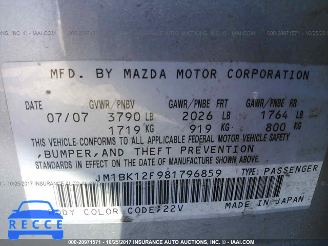 2008 Mazda 3 JM1BK12F981796859 Bild 8