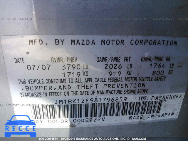 2008 Mazda 3 JM1BK12F981796859 image 8