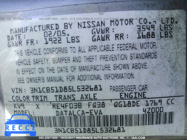 2005 NISSAN SENTRA 3N1CB51D85L532681 зображення 8