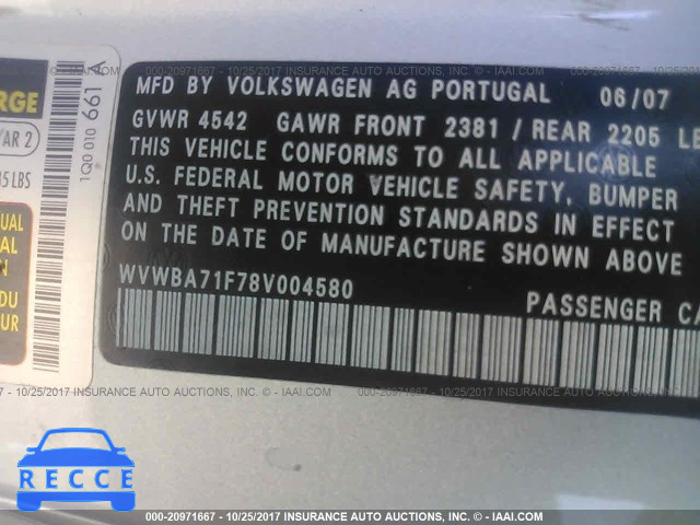 2008 Volkswagen EOS TURBO/KOMFORT WVWBA71F78V004580 image 8