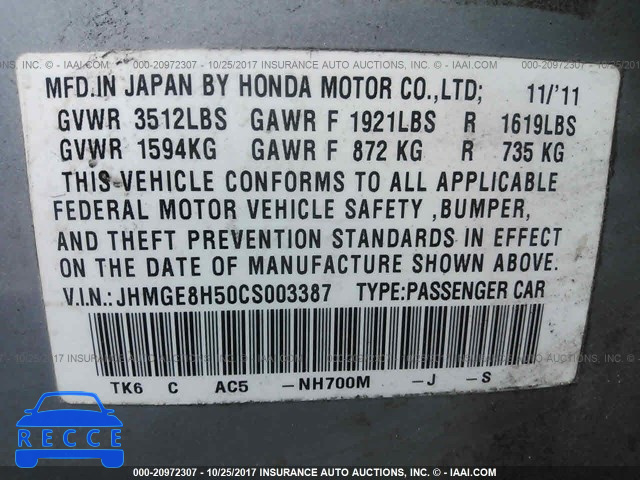 2012 Honda FIT SPORT JHMGE8H50CS003387 image 8