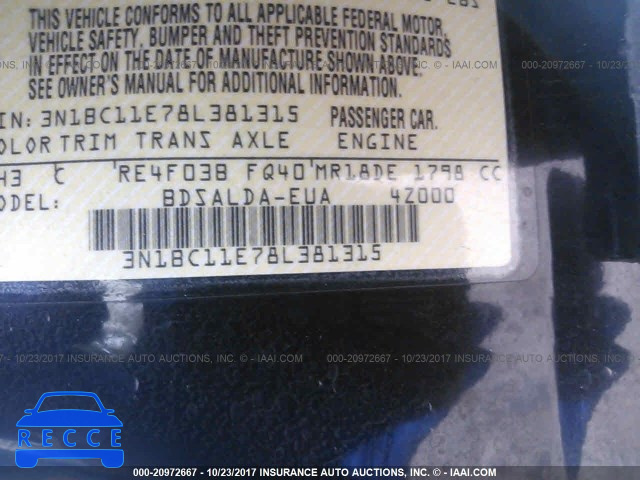 2008 Nissan Versa 3N1BC11E78L381315 зображення 8