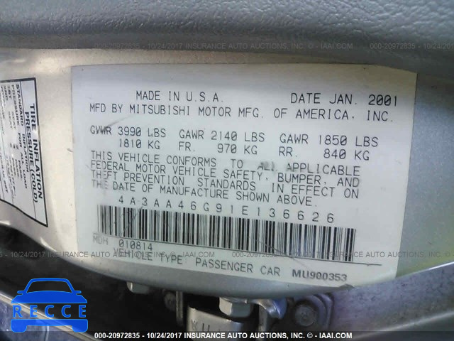 2001 Mitsubishi Galant ES 4A3AA46G91E136626 image 8