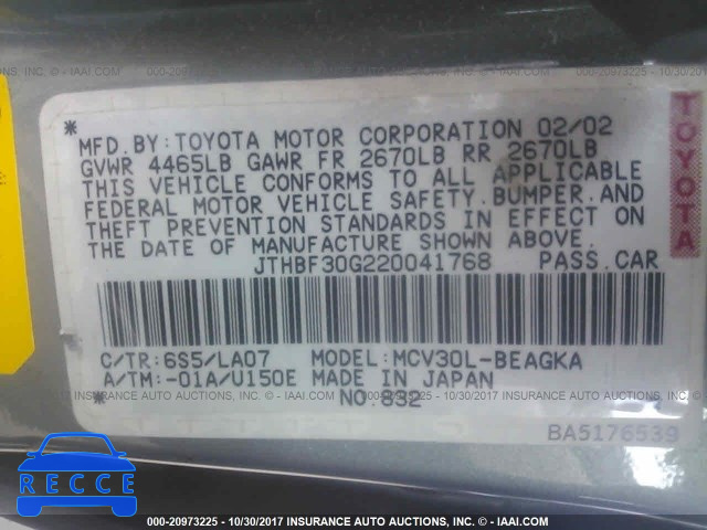 2002 Lexus ES 300 JTHBF30G220041768 image 8