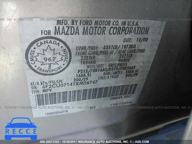 2001 Mazda Tribute 4F2CU07141KM26747 image 8