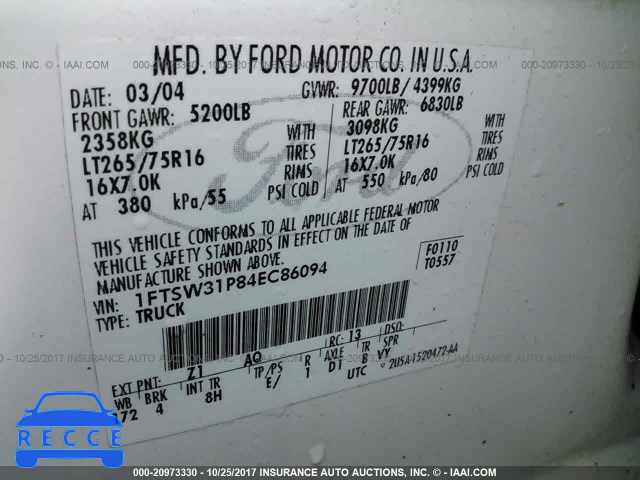 2004 Ford F350 SRW SUPER DUTY 1FTSW31P84EC86094 image 8
