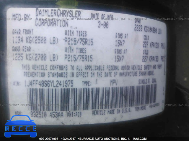2000 Jeep Cherokee SPORT 1J4FF48S6YL241975 image 8
