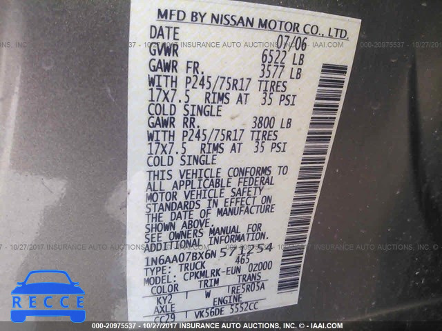 2006 Nissan Titan XE/SE/LE 1N6AA07BX6N571254 зображення 8