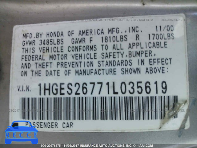 2001 Honda Civic 1HGES26771L035619 image 8