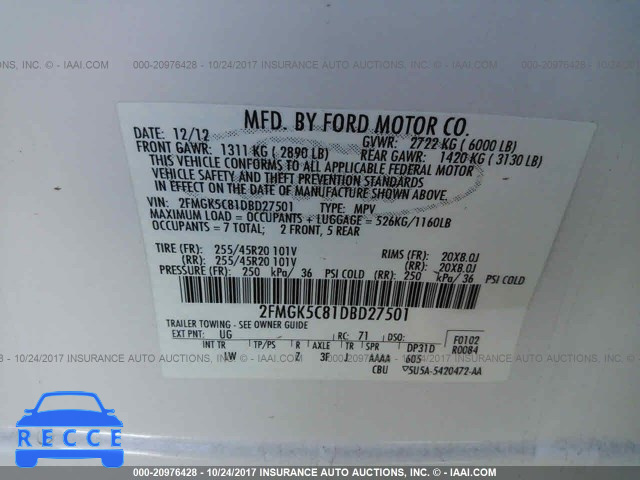 2013 Ford Flex SEL 2FMGK5C81DBD27501 image 8