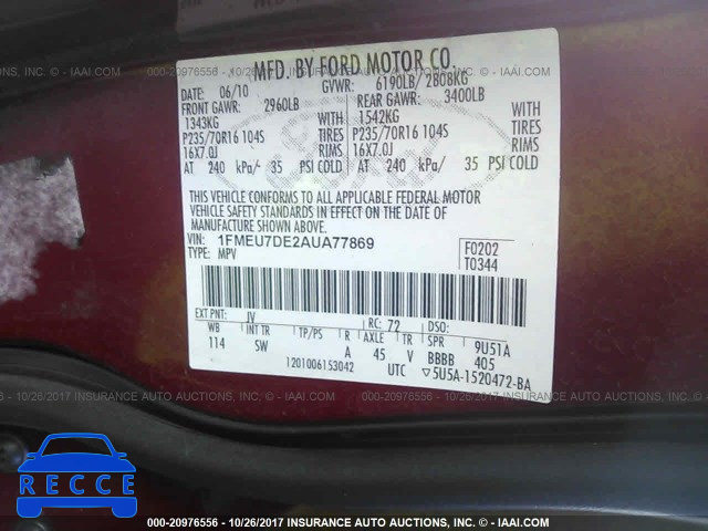 2010 FORD EXPLORER XLT 1FMEU7DE2AUA77869 image 8