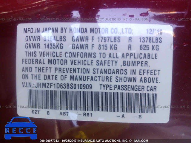 2011 Honda CR-Z EX JHMZF1D63BS010909 image 8