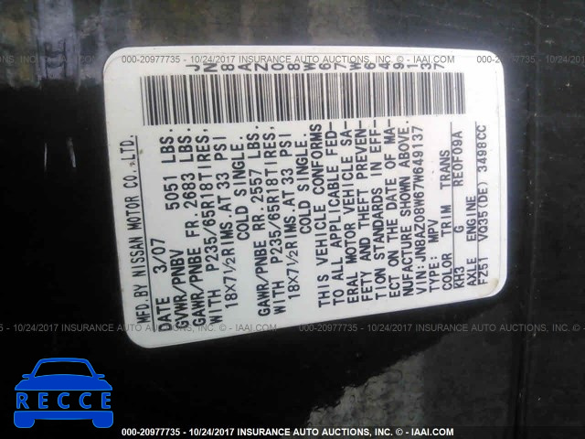 2007 Nissan Murano JN8AZ08W67W649137 image 8